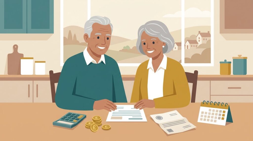 Older UK couple reviewing their State Pension statement, calculator and tax letter at home