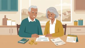Older UK couple reviewing their State Pension statement, calculator and tax letter at home