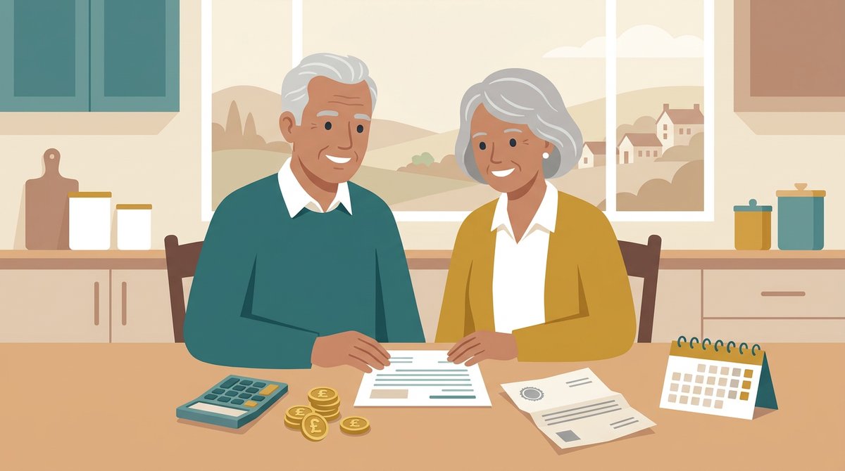 Older UK couple reviewing their State Pension statement, calculator and tax letter at home