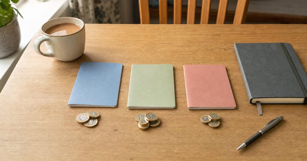 Three separate cash ISA savings books with pound coins on a kitchen table, showing how many cash ISAs you can have
