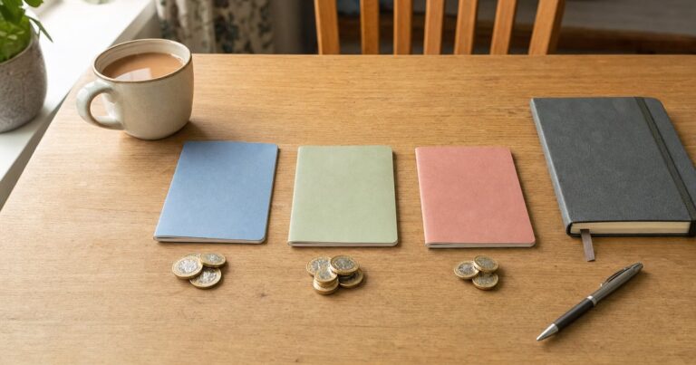 Three separate cash ISA savings books with pound coins on a kitchen table, showing how many cash ISAs you can have