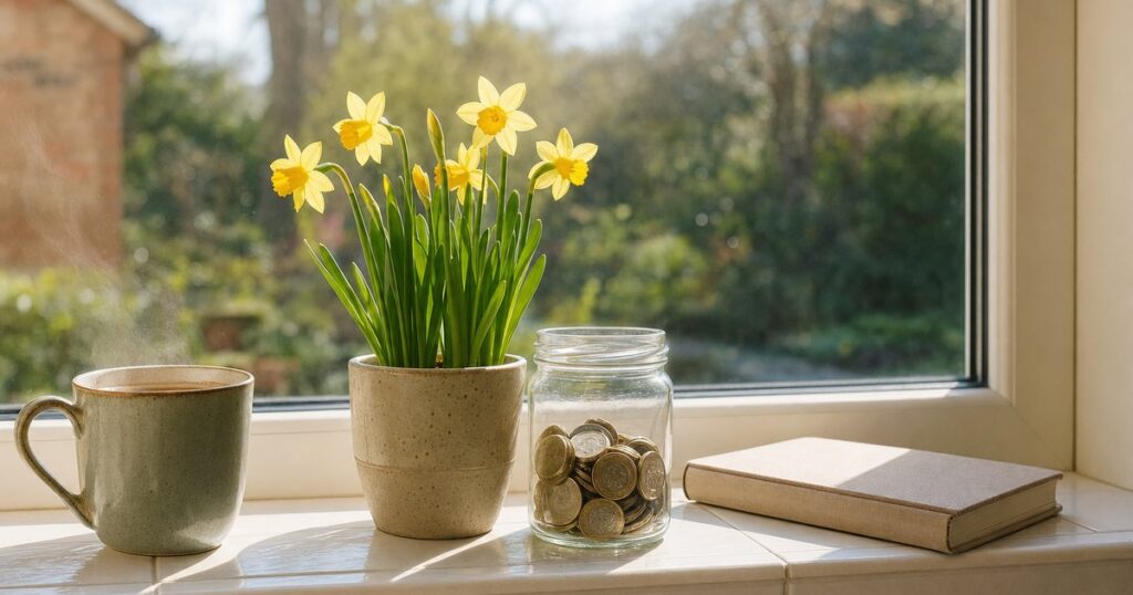 Spring daffodils and a jar of pound coins on a windowsill, marking when the ISA allowance resets on 6 April