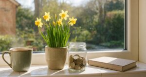 Spring daffodils and a jar of pound coins on a windowsill, marking when the ISA allowance resets on 6 April