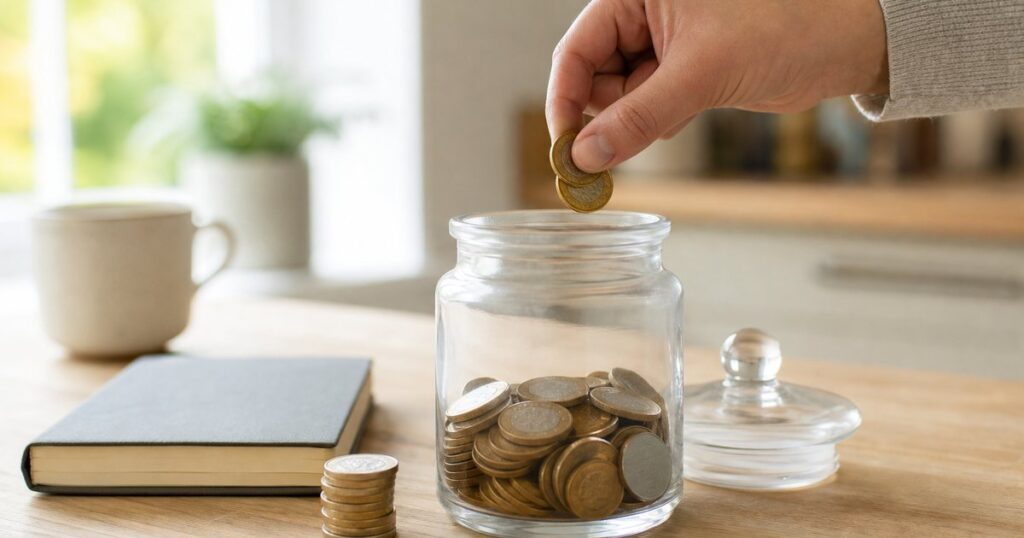 Hand putting pound coins back into a glass savings jar, illustrating how a flexible ISA lets you replace withdrawn money