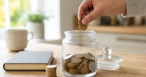 Hand putting pound coins back into a glass savings jar, illustrating how a flexible ISA lets you replace withdrawn money