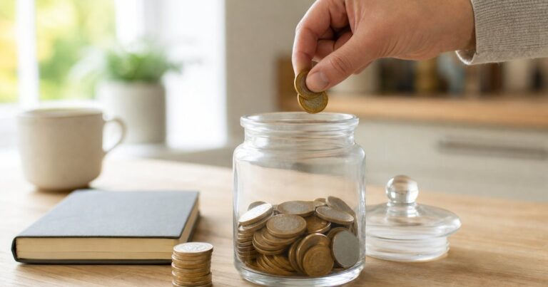 Hand putting pound coins back into a glass savings jar, illustrating how a flexible ISA lets you replace withdrawn money